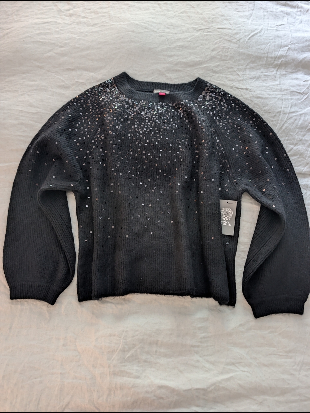 NWT Vince Camuto Black Sequin Crew Neck Sweater Bishop Sleeve XL